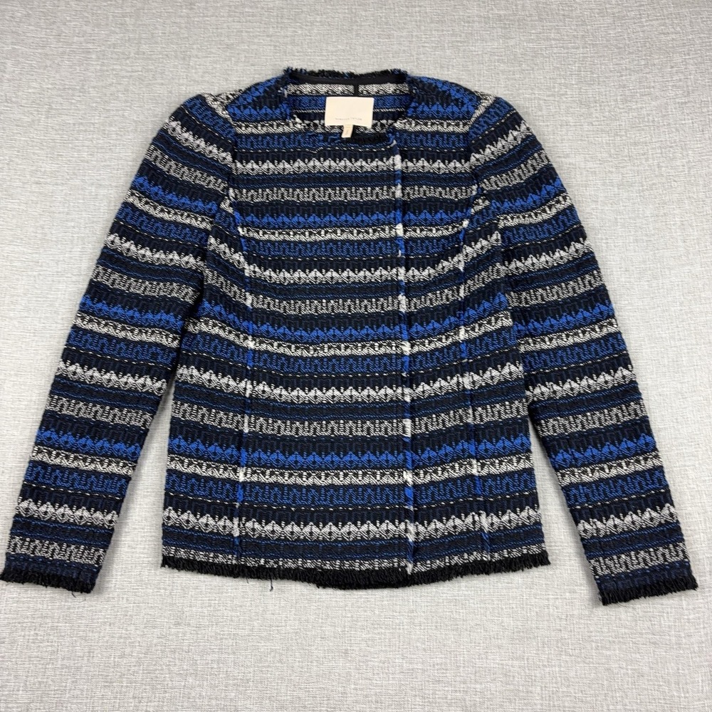 Rebecca Taylor Womens Size 6 Blue Black Tweed Jacket Snap Front Fair Isle Fringe